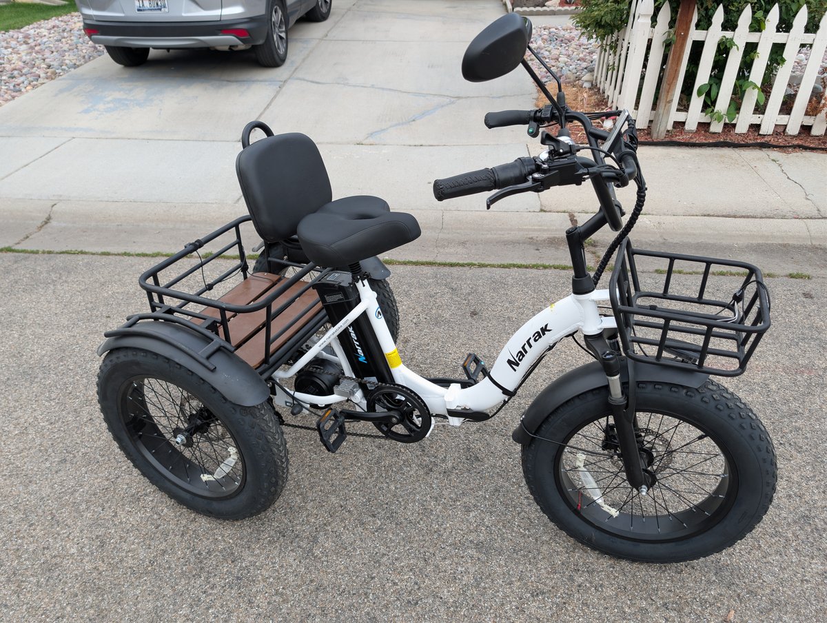 White three wheeled electric bike with rear seat photo 2